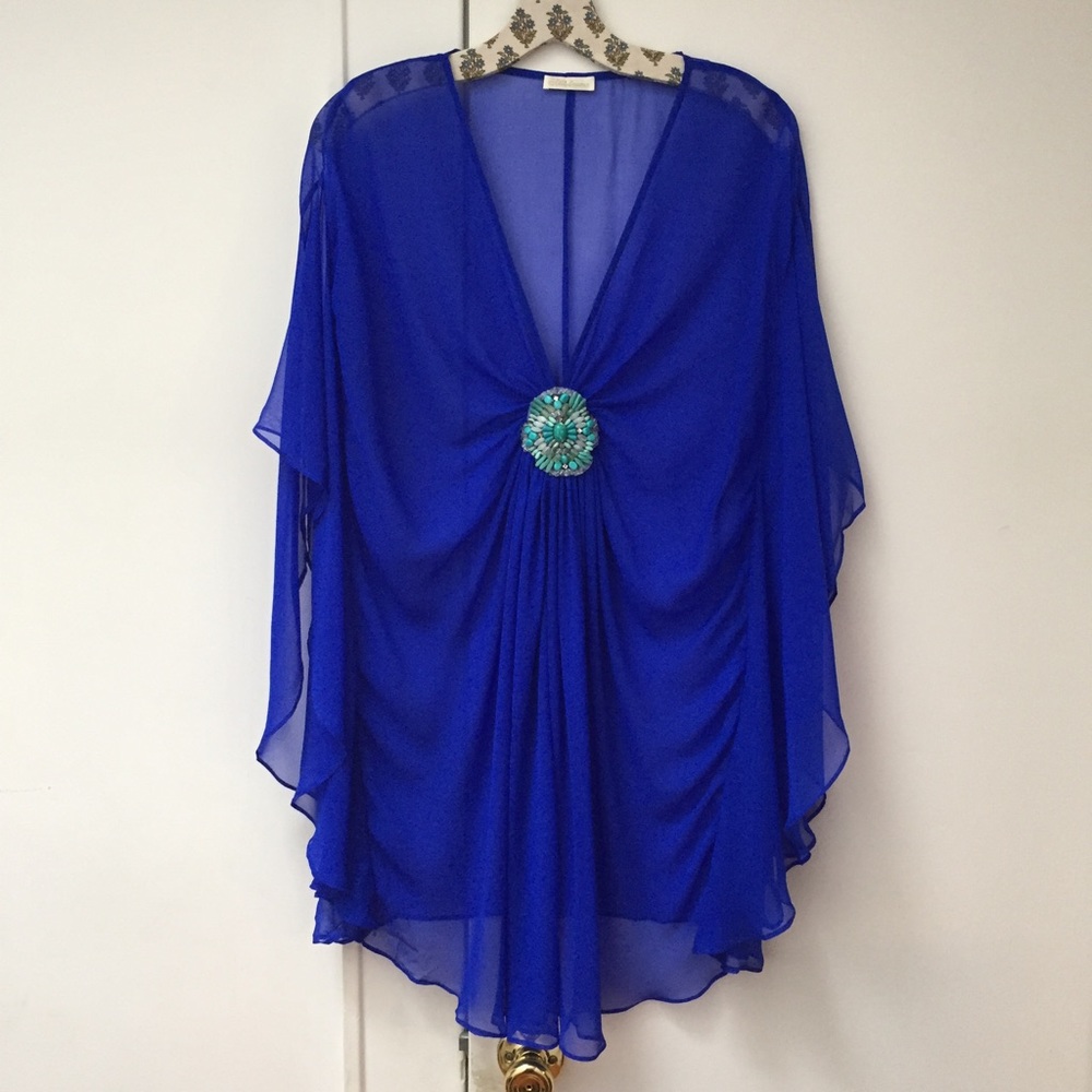 Anthropologie blue silk chiffon beaded Tunic